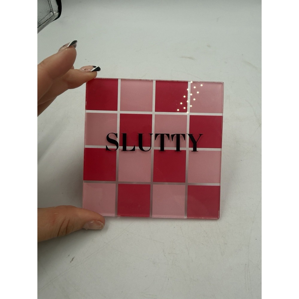 Unique Modern Pink Square Checkered Glass Coaster With Black Decal "Sl*tty" 4x4